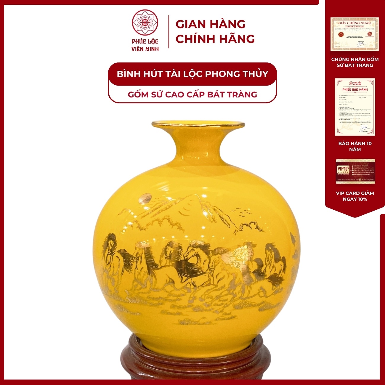 Bình Hút Lộc Mã Đáo Thành Công Dán Decal Vàng Kim Gốm Sứ Bát Tràng - Phúc Lộc Viên Minh