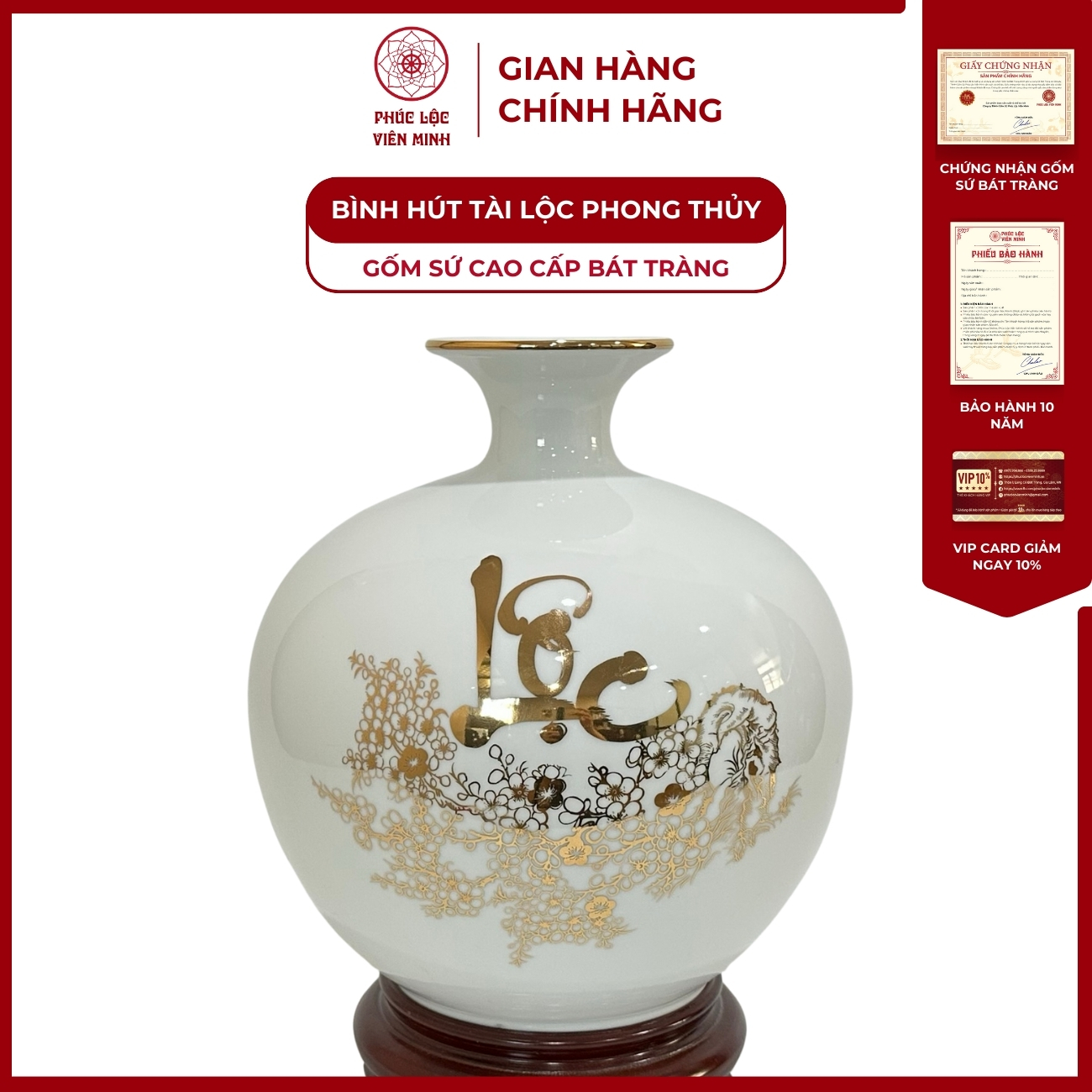 Bình Hút Lộc Chữ Phúc Lộc Dán Decal Vàng Kim Gốm Sứ Bát Tràng - Phúc Lộc Viên Minh