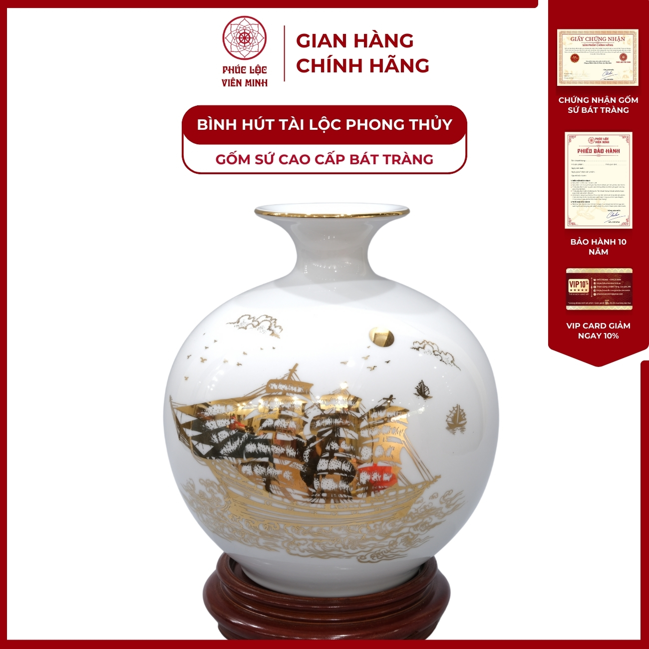 Bình Hút Lộc Thuận Buồm Xuôi Gió Dán Decal Vàng Kim Gốm Sứ Bát Tràng - Phúc Lộc Viên Minh