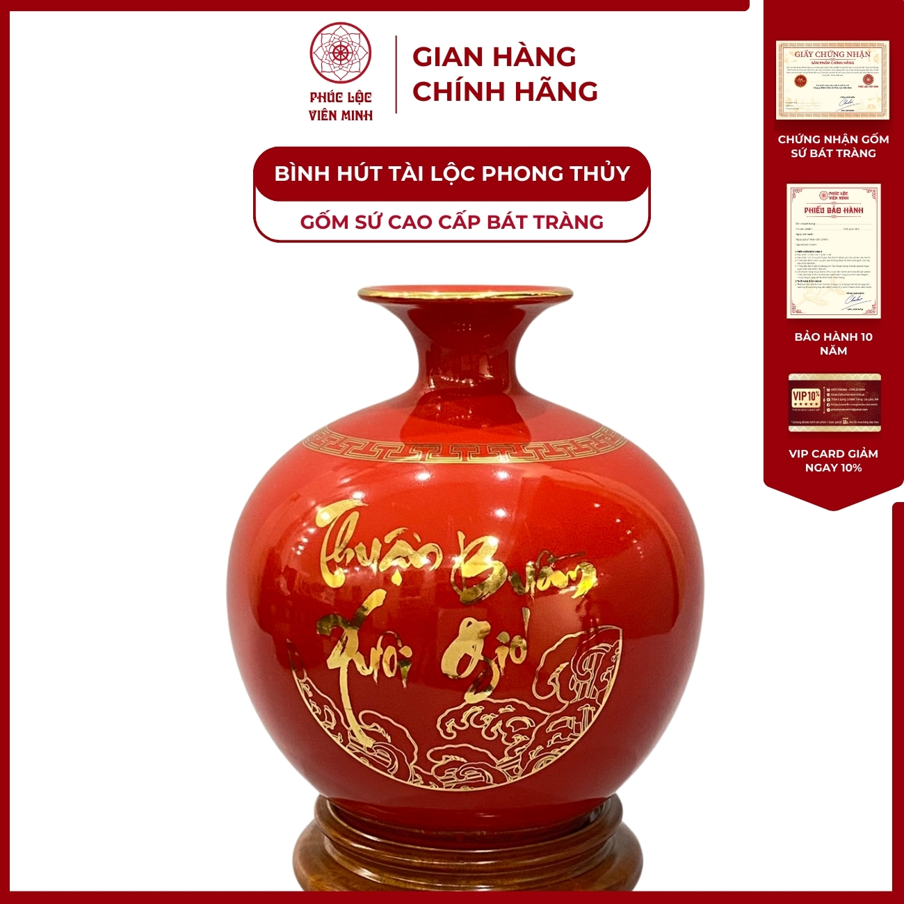 Bình Hút Lộc Thuận Buồm Xuôi Gió Dán Decal Vàng Kim Gốm Sứ Bát Tràng - Phúc Lộc Viên Minh