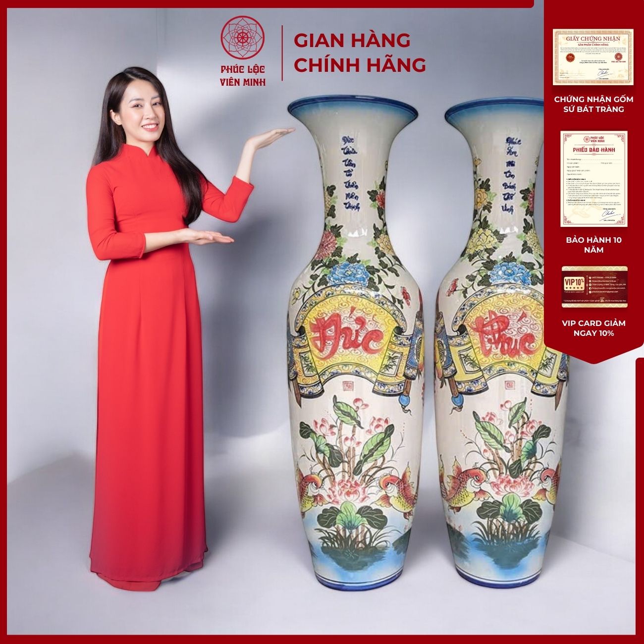 Đôi Lộc Bình Phúc Đức Gốm Sứ Bát Tràng - Phúc Lộc Viên Minh - PL032