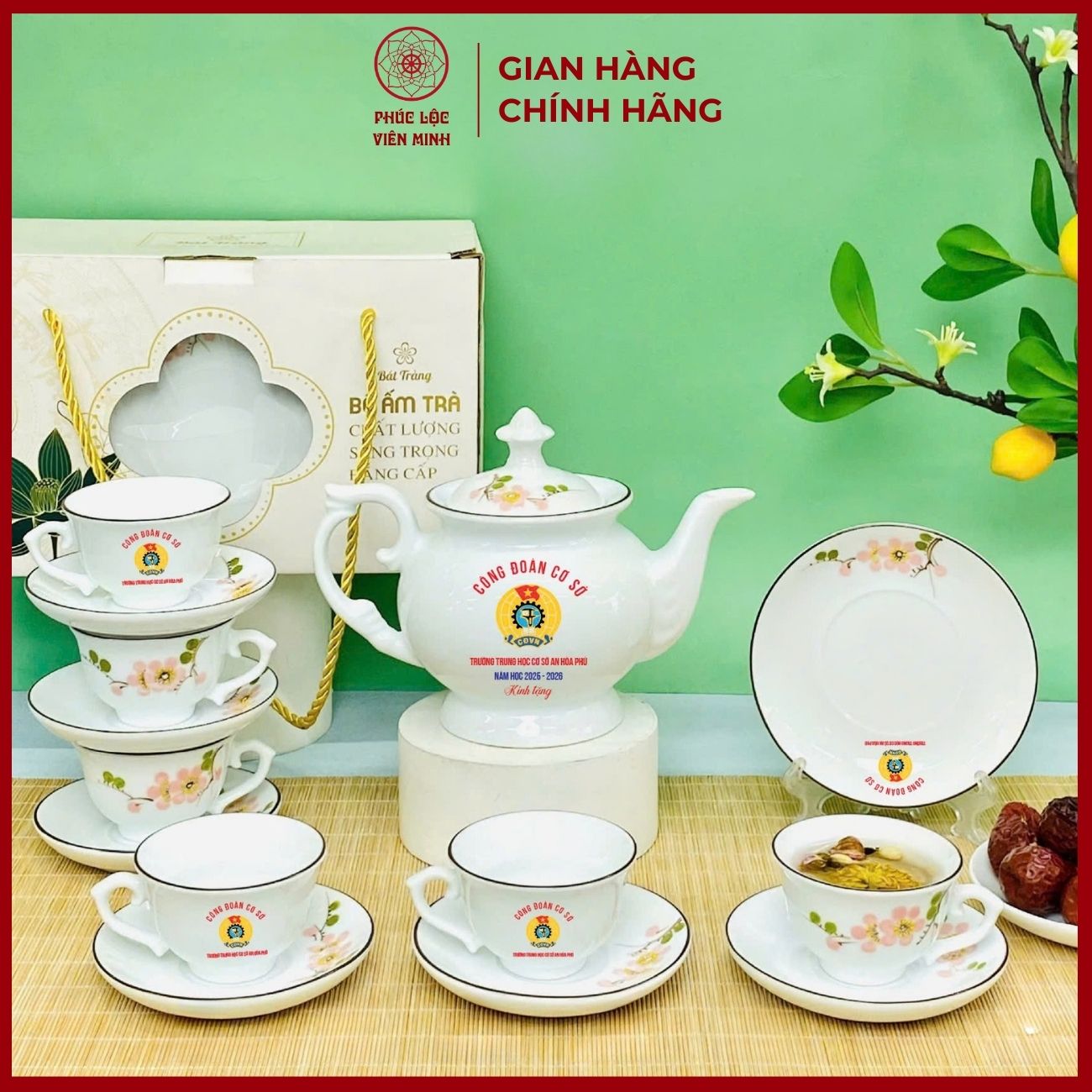 Bộ Ấm Chén In Logo Gốm Sứ Bát Tràng - Phúc Lộc Viên Minh - LD009