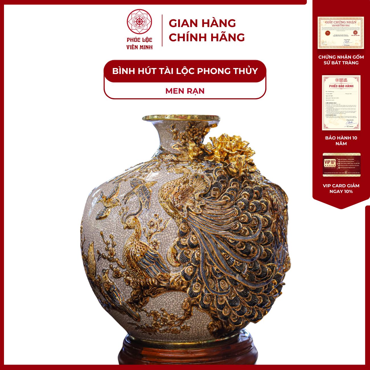Bình Hút Lộc Công Danh Phú Quý Men Rạn Vẽ Vàng Gốm Sứ Bát Tràng - Phúc Lộc Viên Minh
