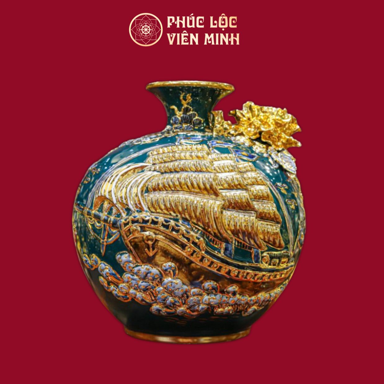Bình Hút Lộc Thuận Buồm Xuôi Gió Men Xanh Lục Bảo Cao 28cm Vẽ Vàng Gốm Sứ Bát Tràng - Phúc Lộc Viên Minh