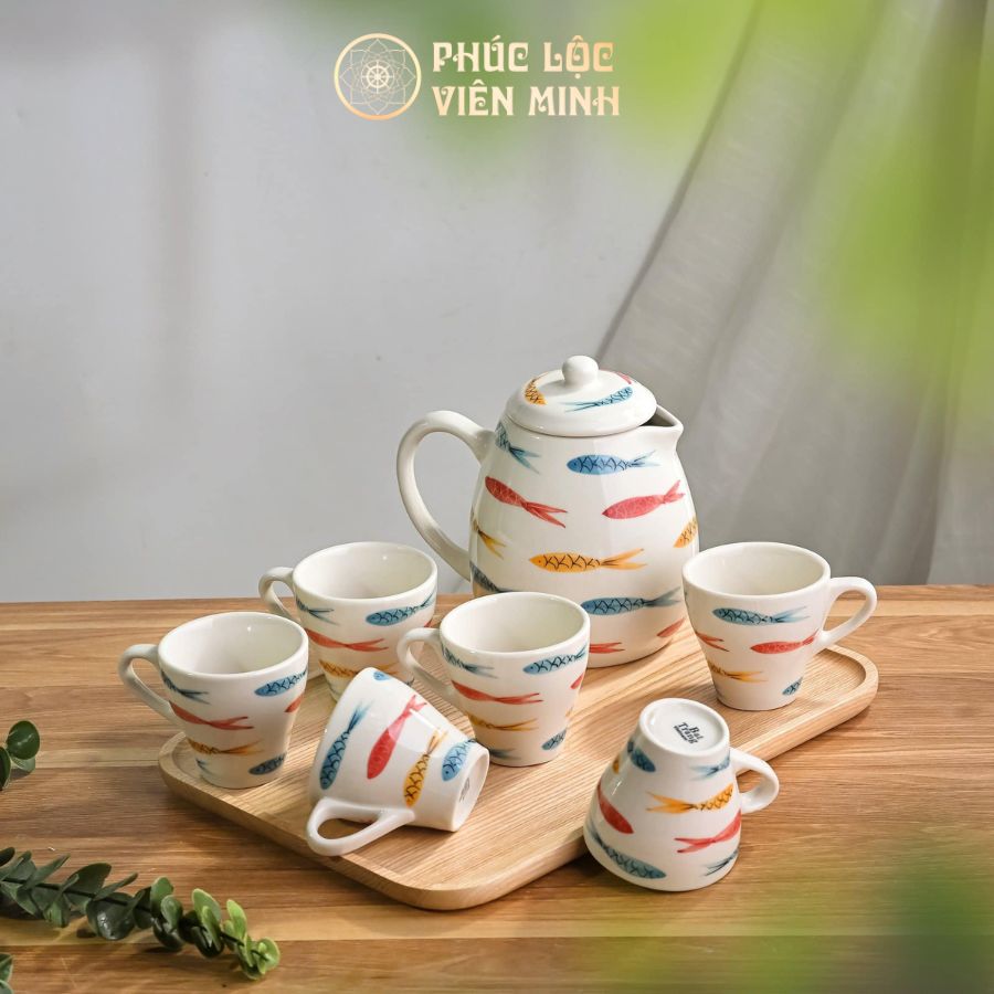 Bộ Ấm Chén Cao Cấp Gốm Sứ Bát Tràng - Phúc Lộc Viên Minh - VM154