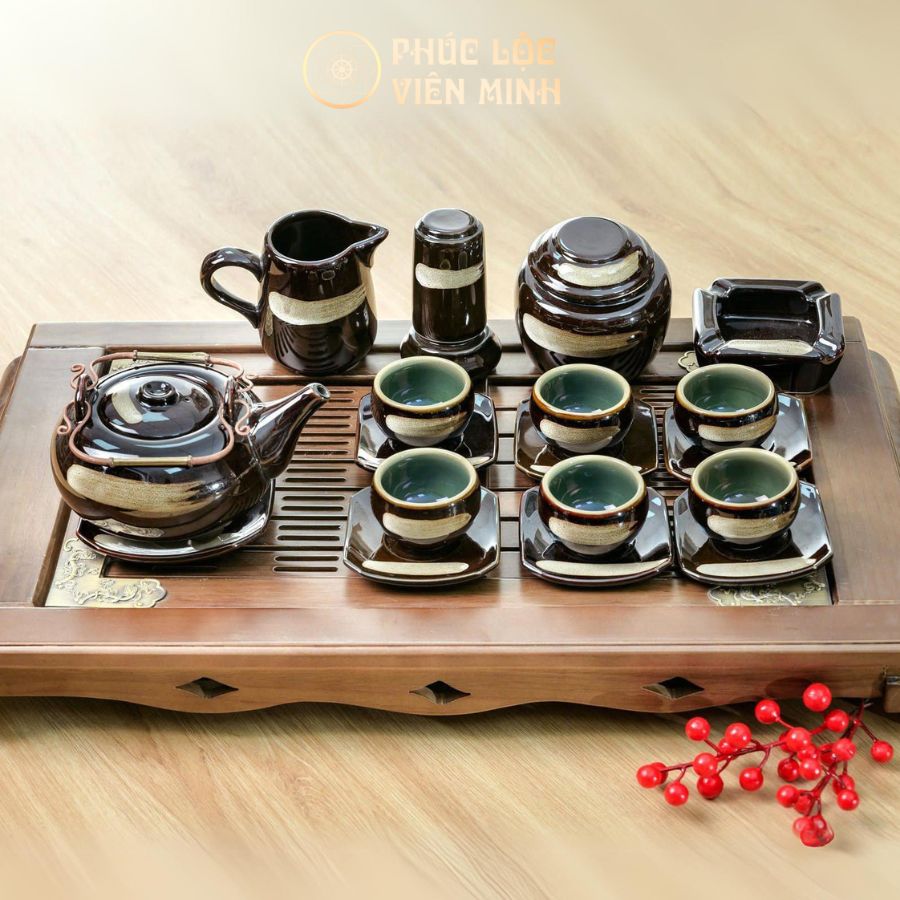 Bộ Ấm Chén Men Mật Phẩy Cao Cấp Gốm Sứ Bát Tràng - Phúc Lộc Viên Minh