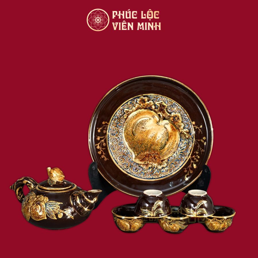 Bộ Trà Thờ Đào Đắp Nổi Men Nâu Vẽ Vàng Gốm Sứ Bát Tràng - Phúc Lộc Viên Minh
