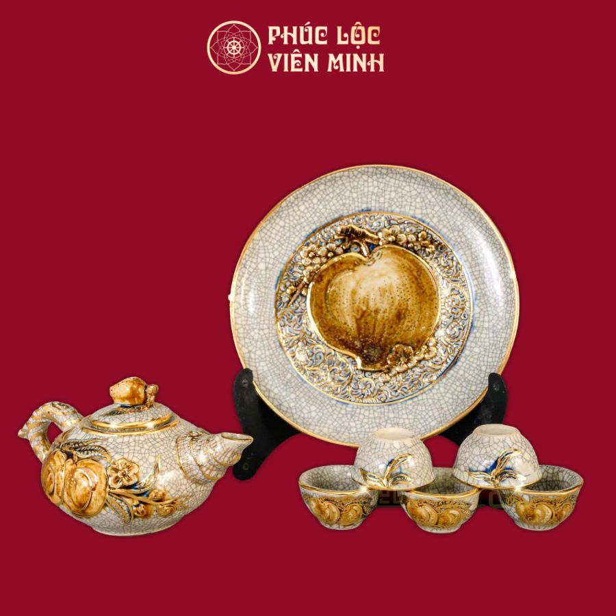 Bộ Trà Thờ Đào Đắp Nổi Men Rạn Vẽ Vàng Gốm Sứ Bát Tràng - Phúc Lộc Viên Minh