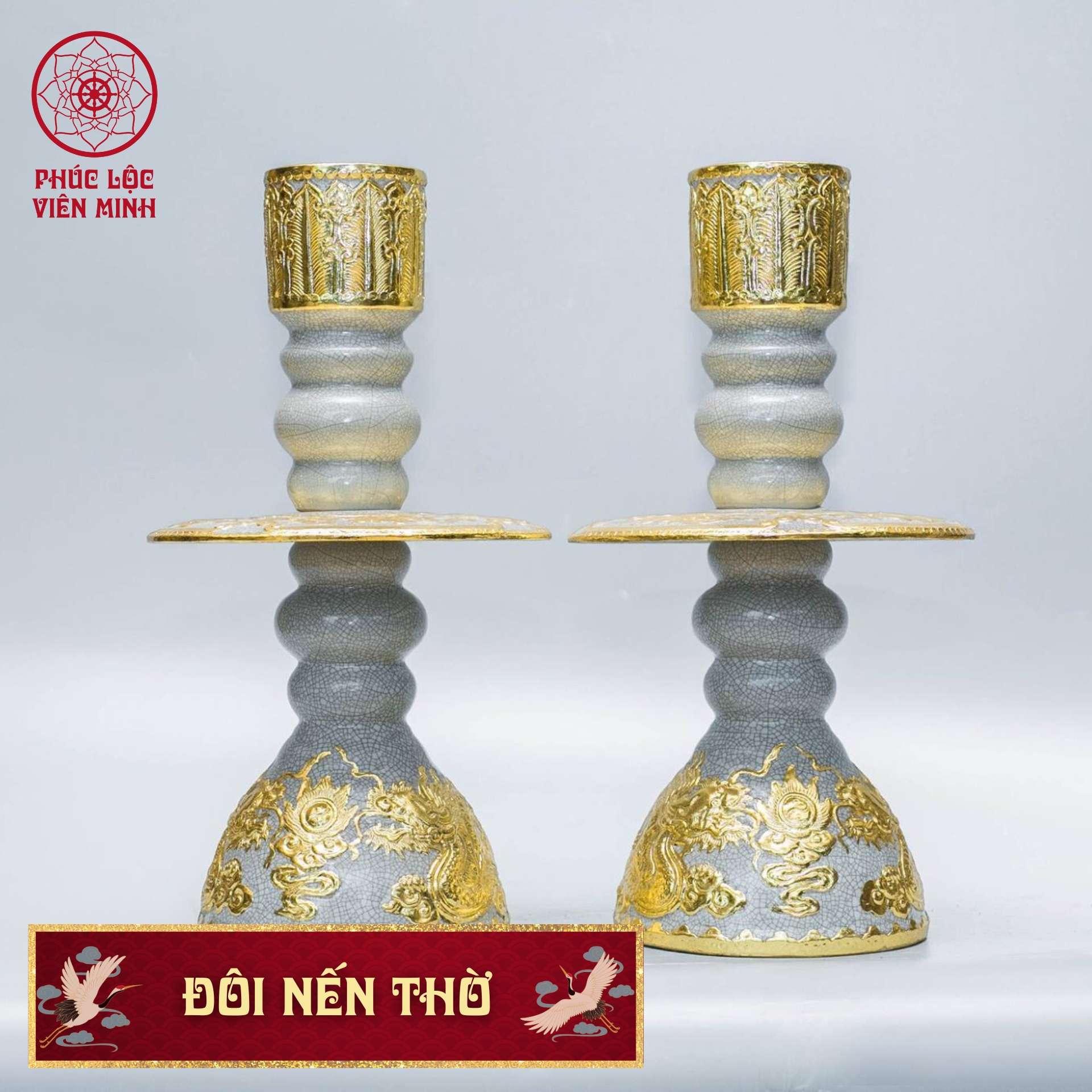 Đôi Nến Thờ Cao Cấp Mạ Vàng Gốm Sứ Bát Tràng - Phúc Lộc Viên Minh
