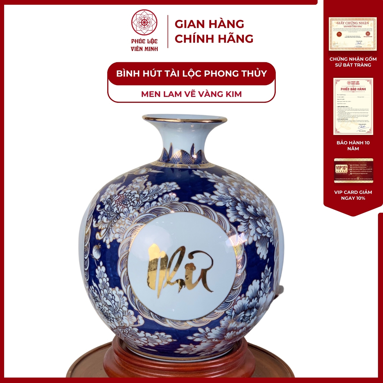 Bình Hút Lộc Tứ Cảnh Men Lam Vẽ Vàng Kim Gốm Sứ Bát Tràng - Phúc Lộc Viên Minh