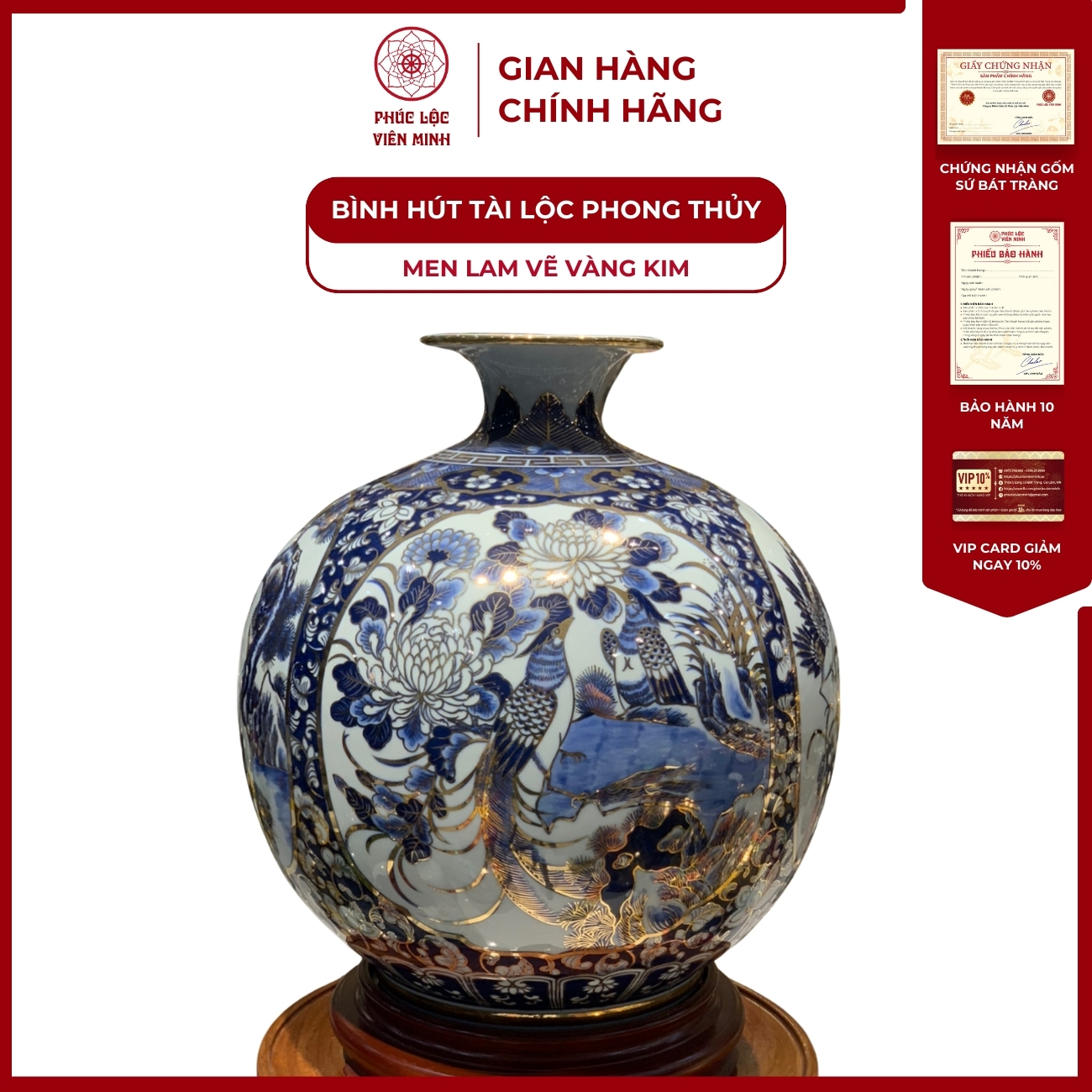 Bình Hút Lộc Tứ Cảnh Men Lam Vẽ Vàng Kim Gốm Sứ Bát Tràng - Phúc Lộc Viên Minh