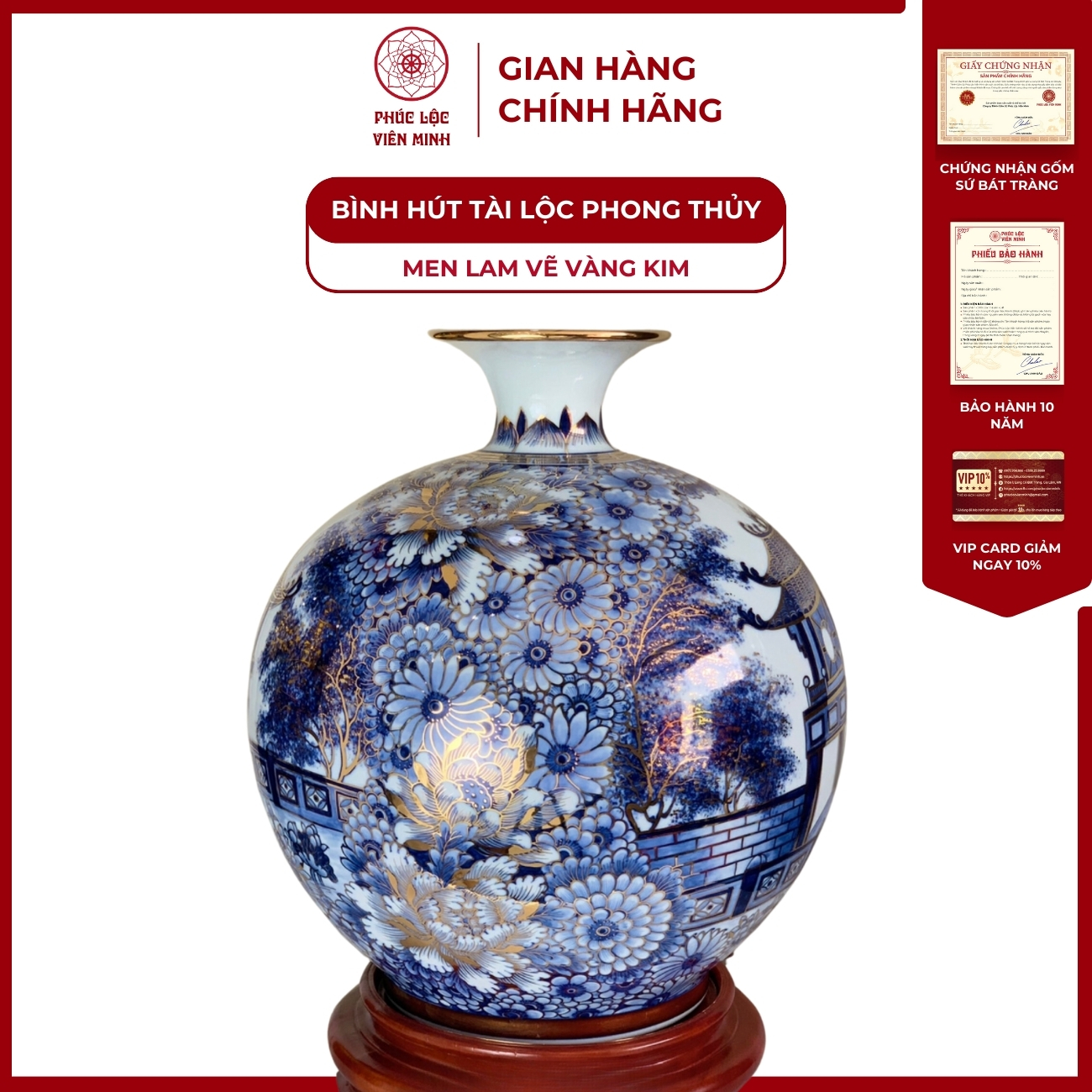 Bình Hút Lộc Nhị Cảnh Chùa Một Cột Men Lam Vẽ Vàng Kim Gốm Sứ Bát Tràng - Phúc Lộc Viên Minh