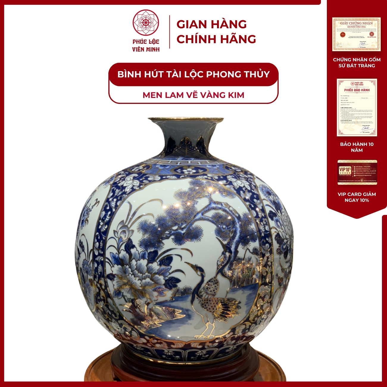 Bình Hút Lộc Tứ Cảnh Men Lam Vẽ Vàng Kim Gốm Sứ Bát Tràng - Phúc Lộc Viên Minh