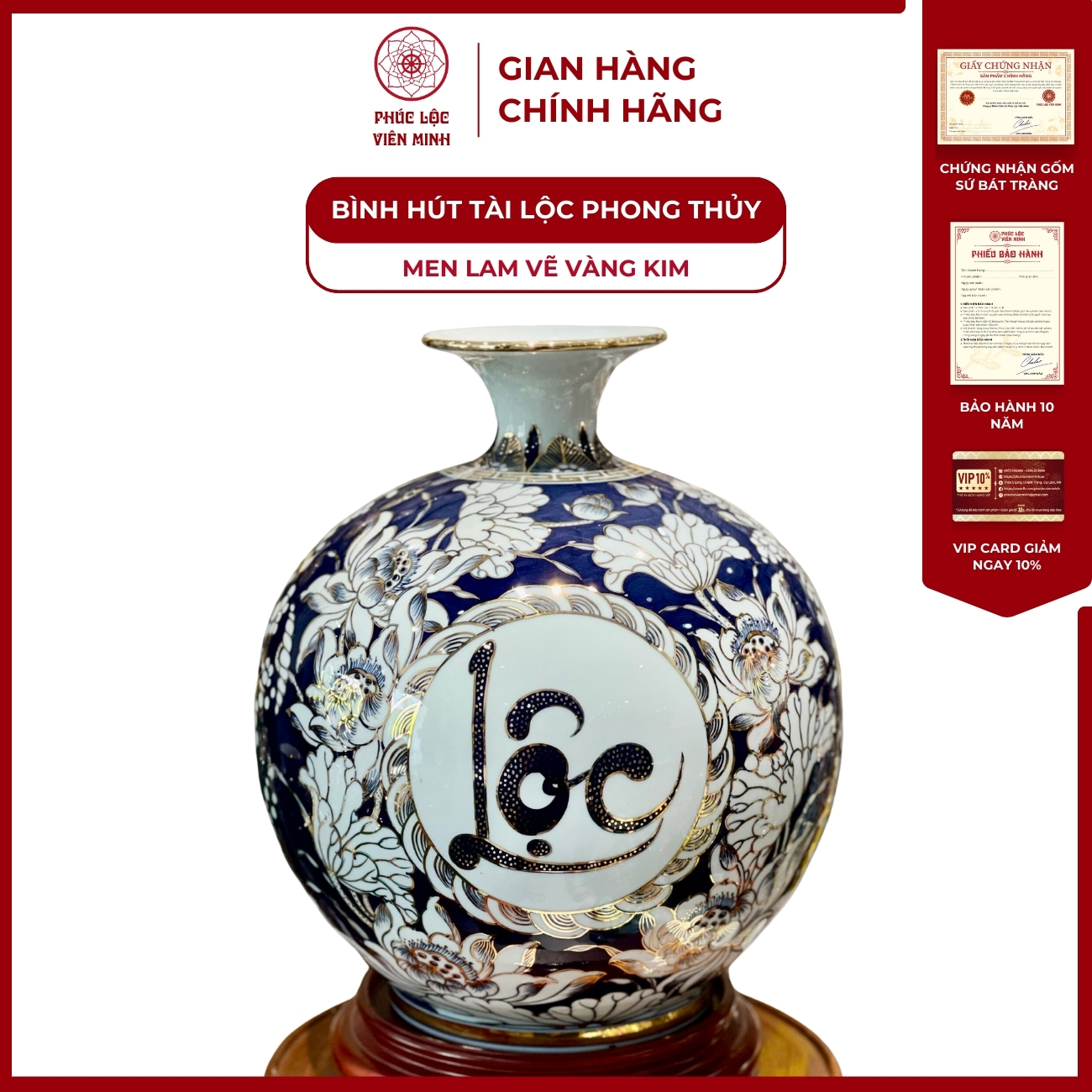 Bình Hút Lộc Nhị Cảnh Men Lam Vẽ Vàng Kim Gốm Sứ Bát Tràng - Phúc Lộc Viên Minh
