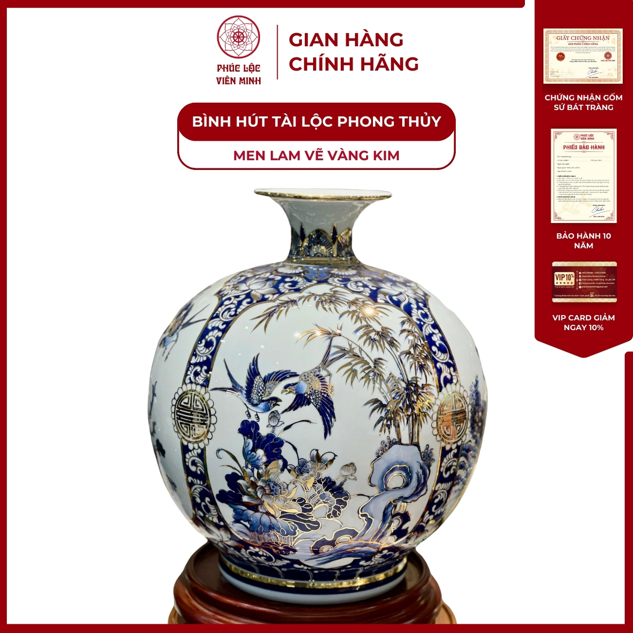 Bình Hút Lộc Tứ Cảnh Men Lam Vẽ Vàng Kim Gốm Sứ Bát Tràng - Phúc Lộc Viên Minh