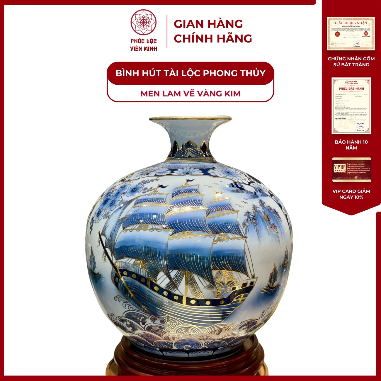 Bình Hút Lộc Nhị Cảnh Men Lam Vẽ Vàng Kim Gốm Sứ Bát Tràng - Phúc Lộc Viên Minh