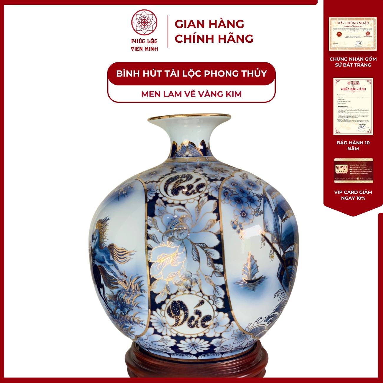 Bình Hút Lộc Nhị Cảnh Thuận Buồm Xuôi Gió Men Lam Vẽ Vàng Kim Gốm Sứ Bát Tràng - Phúc Lộc Viên Minh - PLVM016