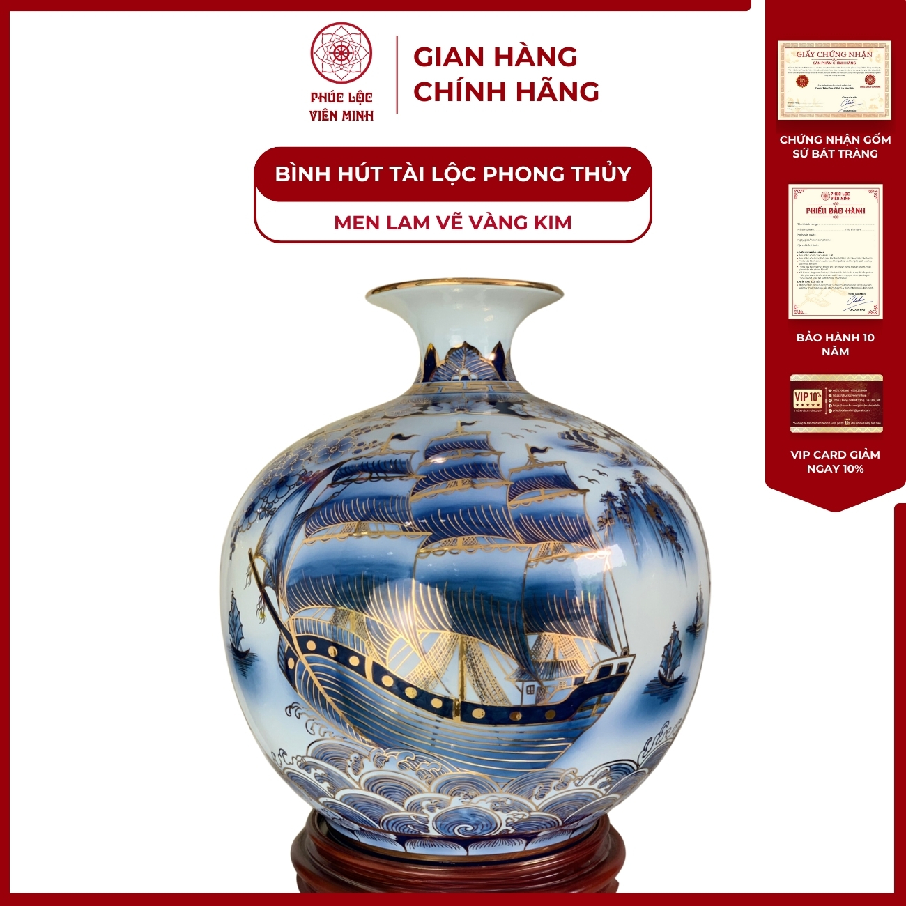 Bình Hút Lộc Nhị Cảnh Thuận Buồm Xuôi Gió Men Lam Vẽ Vàng Kim Gốm Sứ Bát Tràng - Phúc Lộc Viên Minh - PLVM016