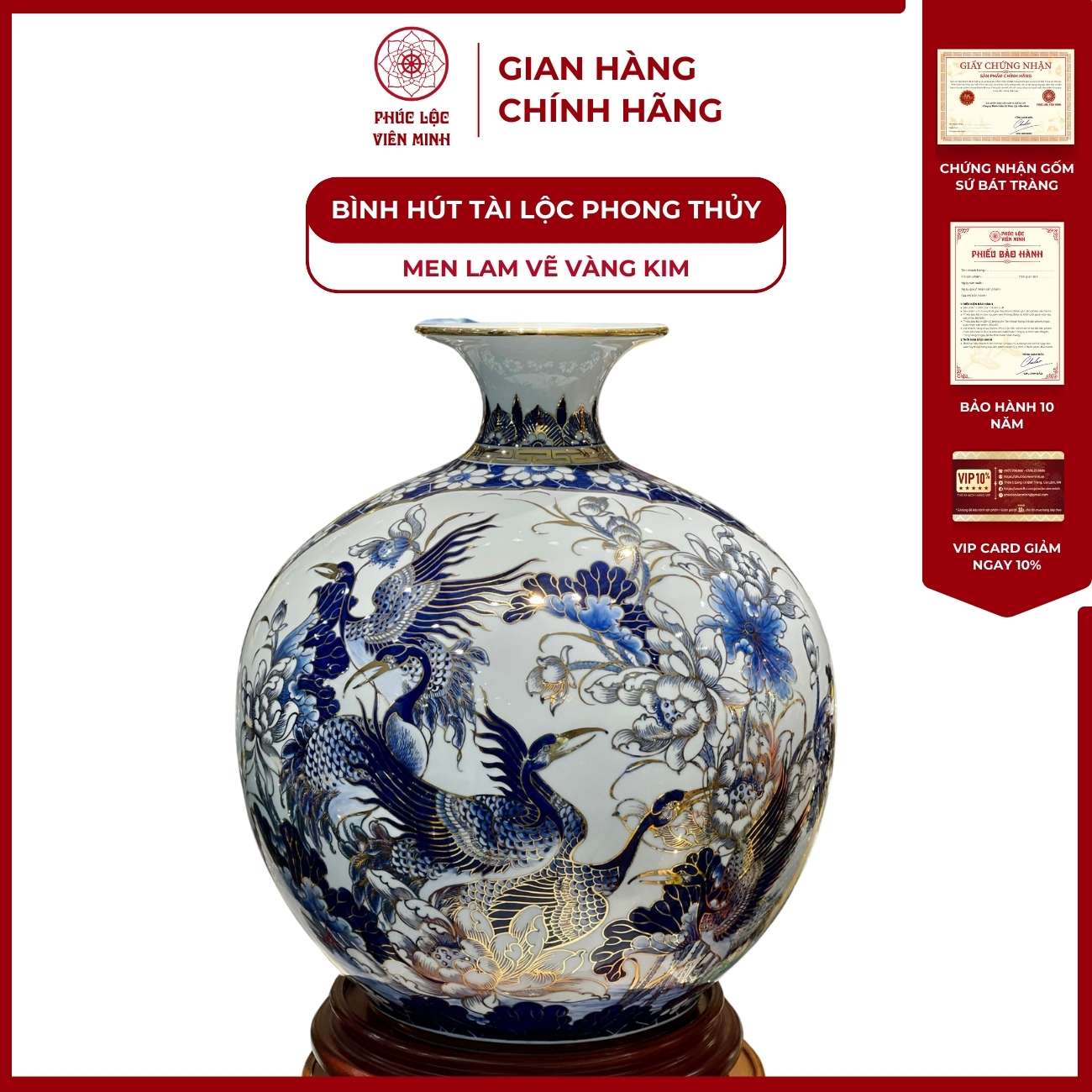 Bình Hút Lộc Nhị Cảnh Thuận Buồm Xuôi Gió Men Lam Vẽ Vàng Kim Gốm Sứ Bát Tràng - Phúc Lộc Viên Minh