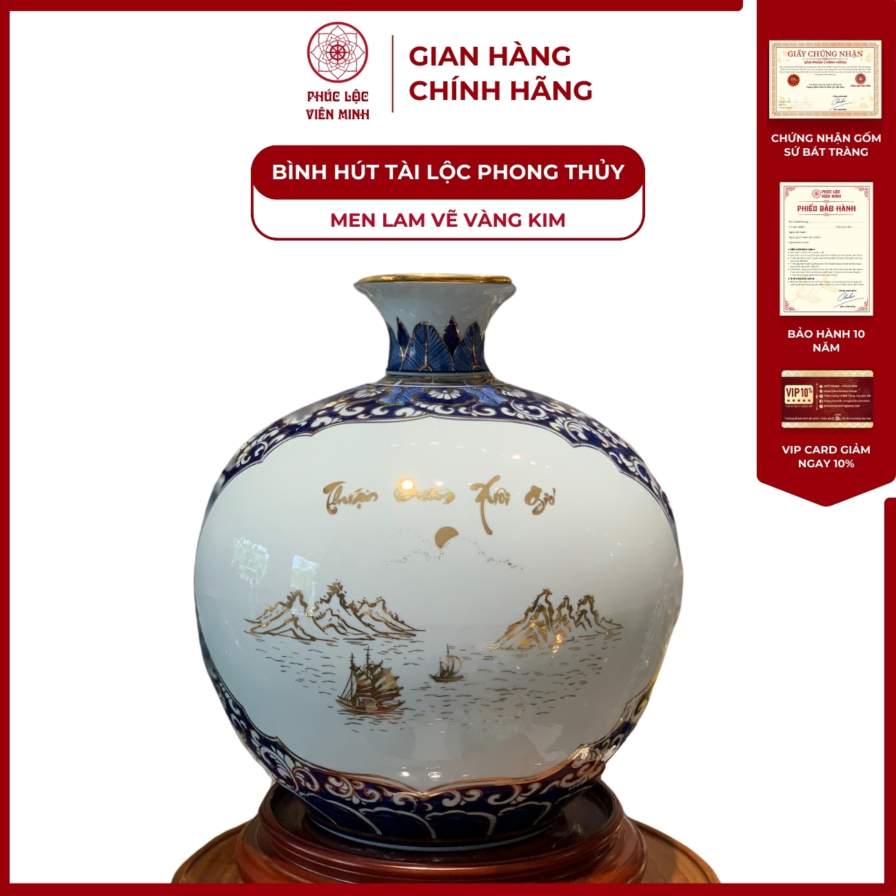 Bình Hút Lộc Nhị Cảnh Men Lam Vẽ Vàng Kim Gốm Sứ Bát Tràng - Phúc Lộc Viên Minh