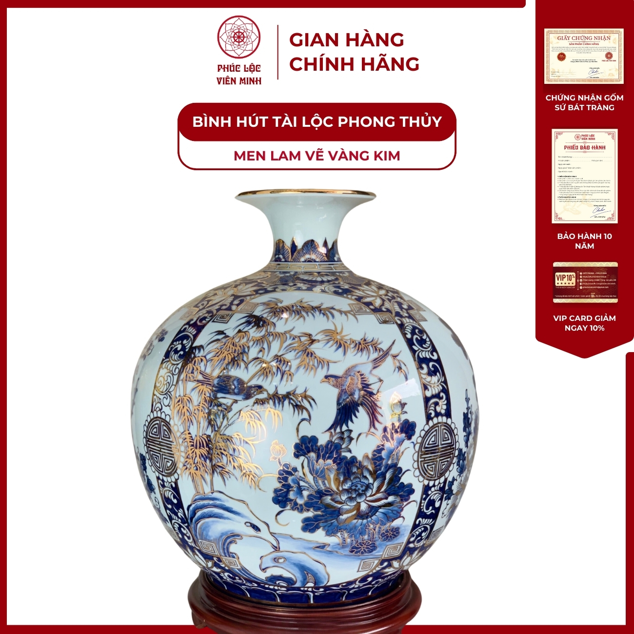Bình Hút Lộc Tứ Cảnh Men Lam Vẽ Vàng Kim Gốm Sứ Bát Tràng - Phúc Lộc Viên Minh