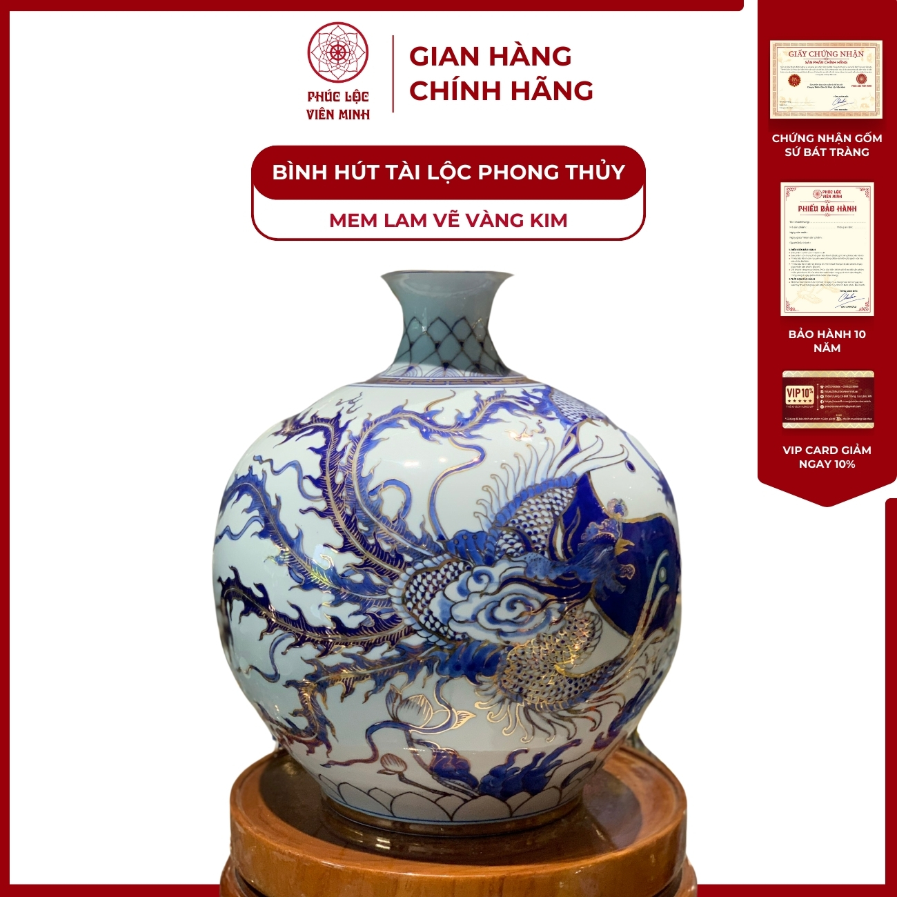 Bình Hút Lộc Đơn Cảnh Men Lam Vẽ Vàng Kim Gốm Sứ Bát Tràng - Phúc Lộc Viên Minh