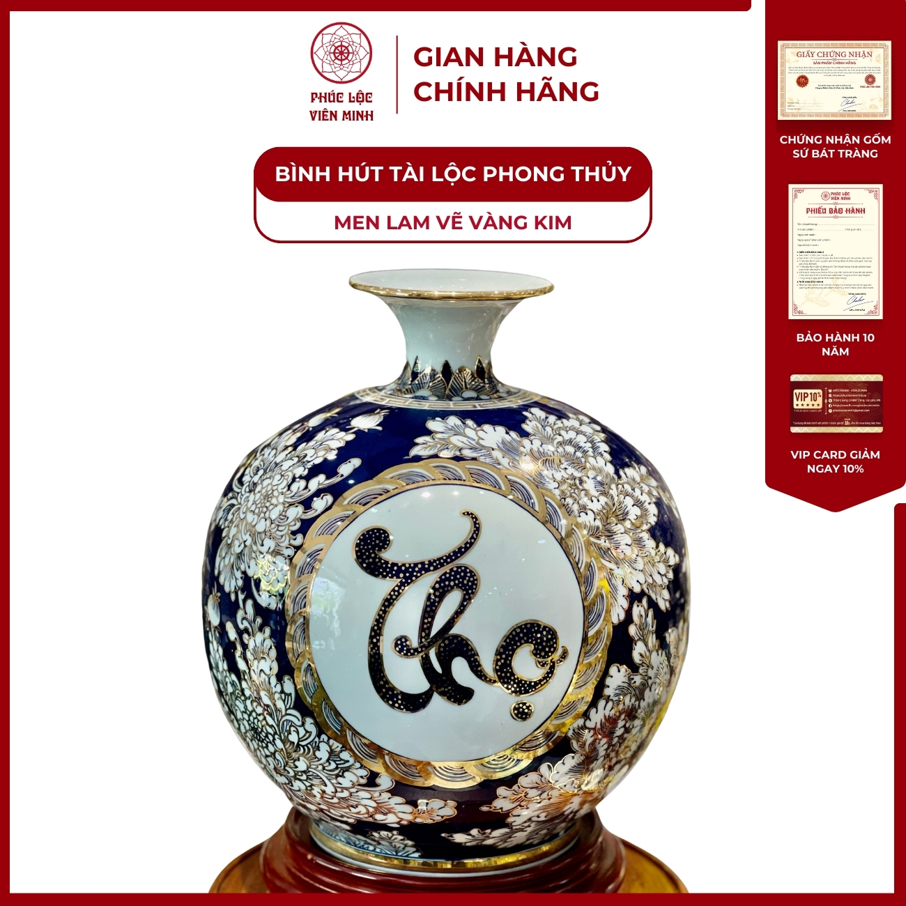 Bình Hút Lộc Nhị Cảnh Men Lam Vẽ Vàng Kim Gốm Sứ Bát Tràng - Phúc Lộc Viên Minh