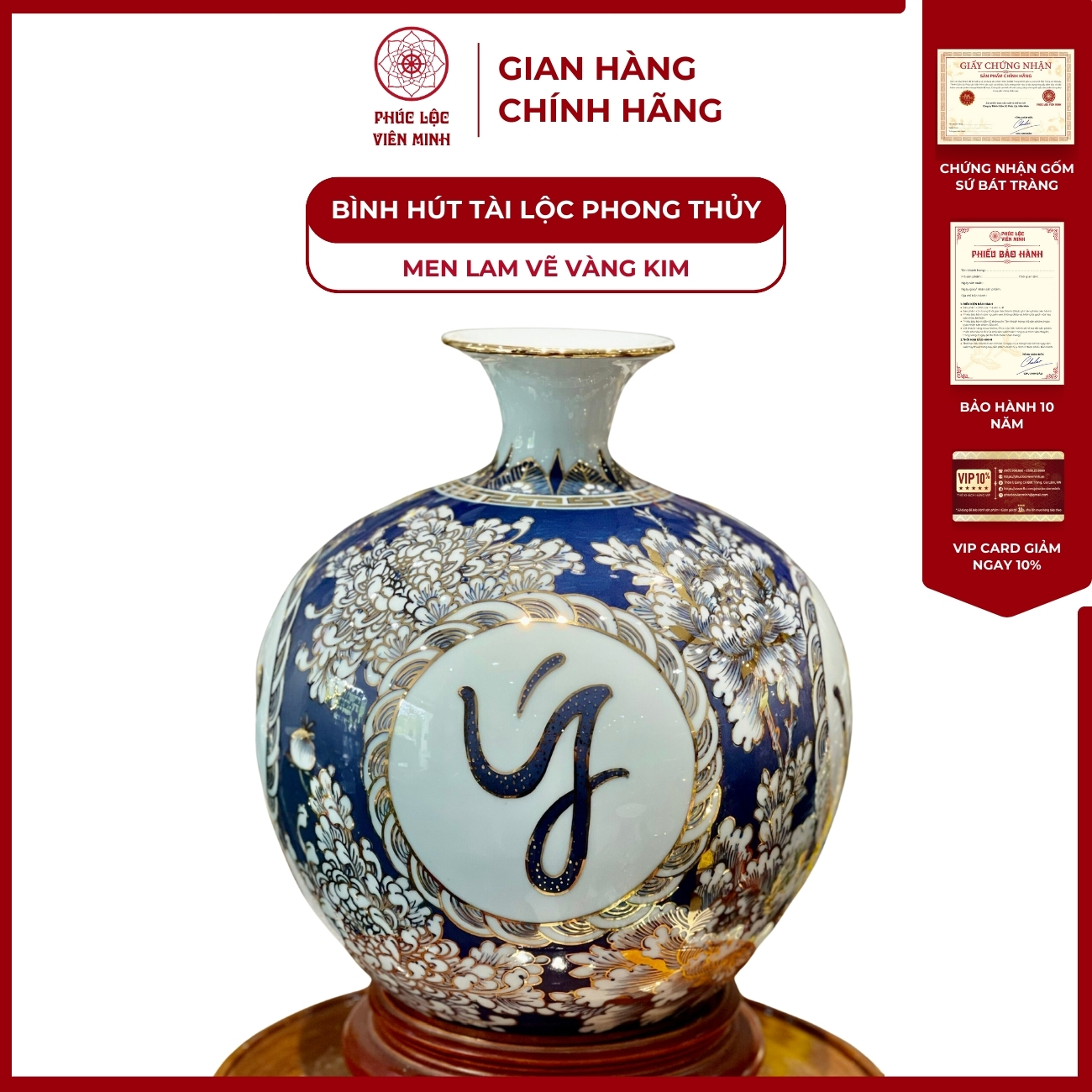 Bình Hút Lộc Tứ Cảnh Men Lam Vẽ Vàng Kim Gốm Sứ Bát Tràng - Phúc Lộc Viên Minh