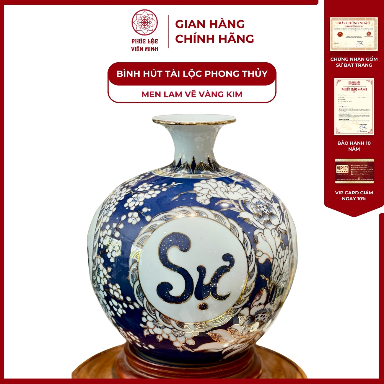 Bình Hút Lộc Tứ Cảnh Men Lam Vẽ Vàng Kim Gốm Sứ Bát Tràng - Phúc Lộc Viên Minh