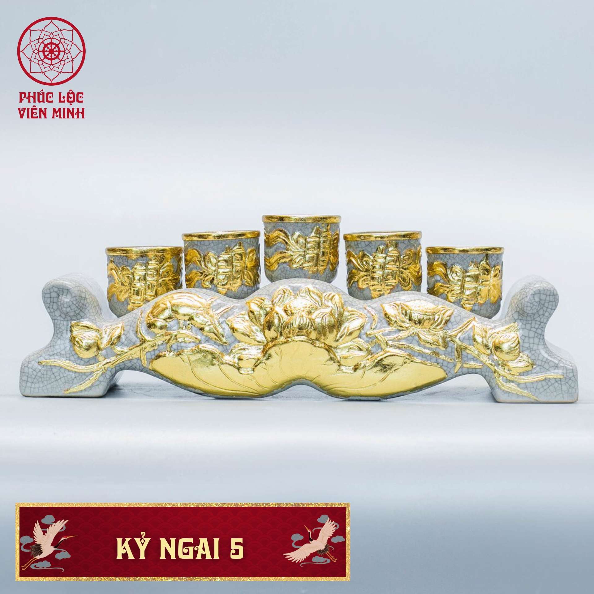 Kỷ Ngai Sen 5 Chén Cao Cấp Gốm Sứ Bát Tràng - Phúc Lộc Viên Minh