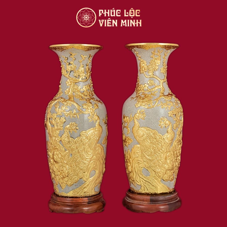 Lọ Hoa Công Danh Phú Quý Men Rạn Dát Vàng Gốm Sứ Bát Tràng - Phúc Lộc Viên Minh