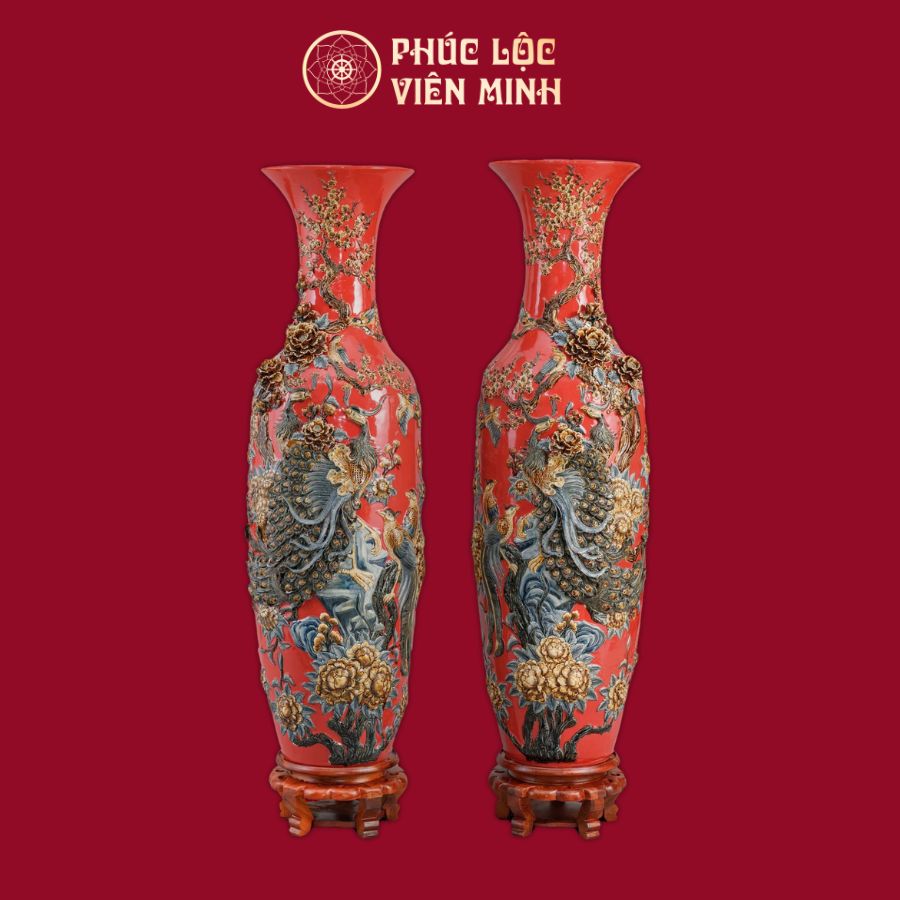 Lộc Bình Phú Quý Trường Xuân Men Đỏ Gốm Sứ Bát Tràng - Phúc Lộc Viên Minh
