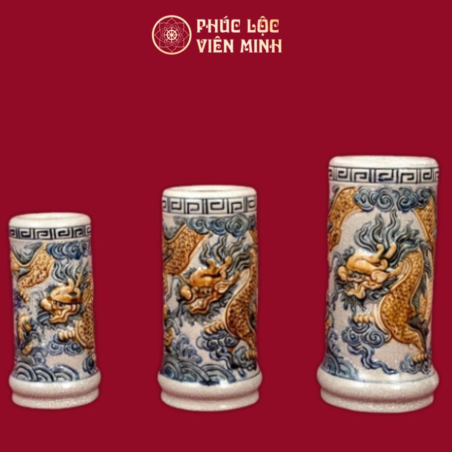 Ống Hương Rồng Men Rạn Đắp Nổi Gốm Sứ Bát Tràng - Phúc Lộc Viên Minh