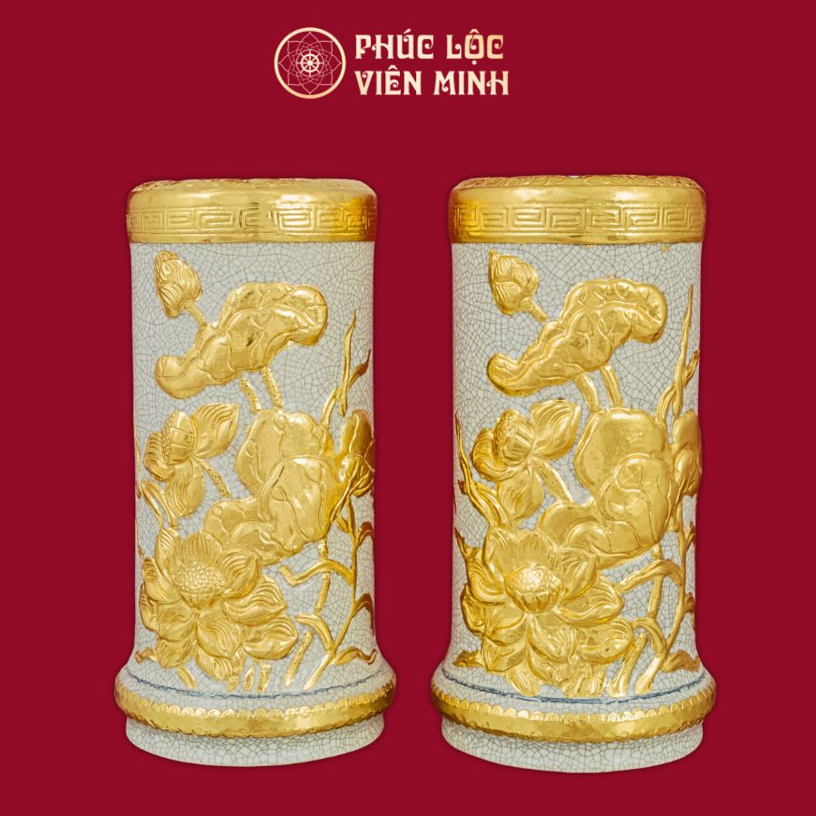 Ống Hương Sen Men Rạn Dát Vàng Gốm Sứ Bát Tràng - Phúc Lộc Viên Minh