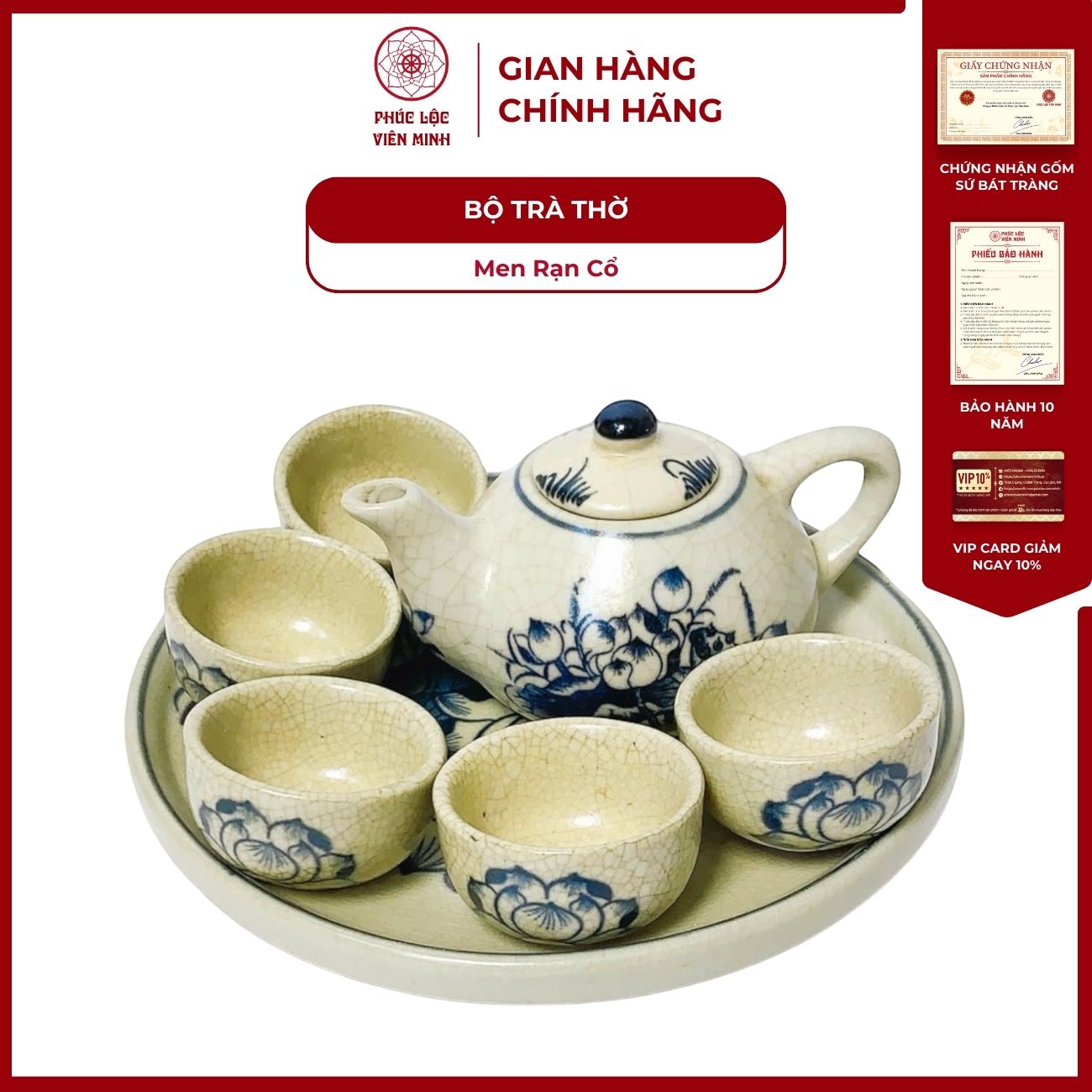 Bộ Trà Thờ Họa Tiết Sen/Rồng Men Rạn Cổ Gốm Sứ Bát Tràng - Phúc Lộc Viên Minh - PL085