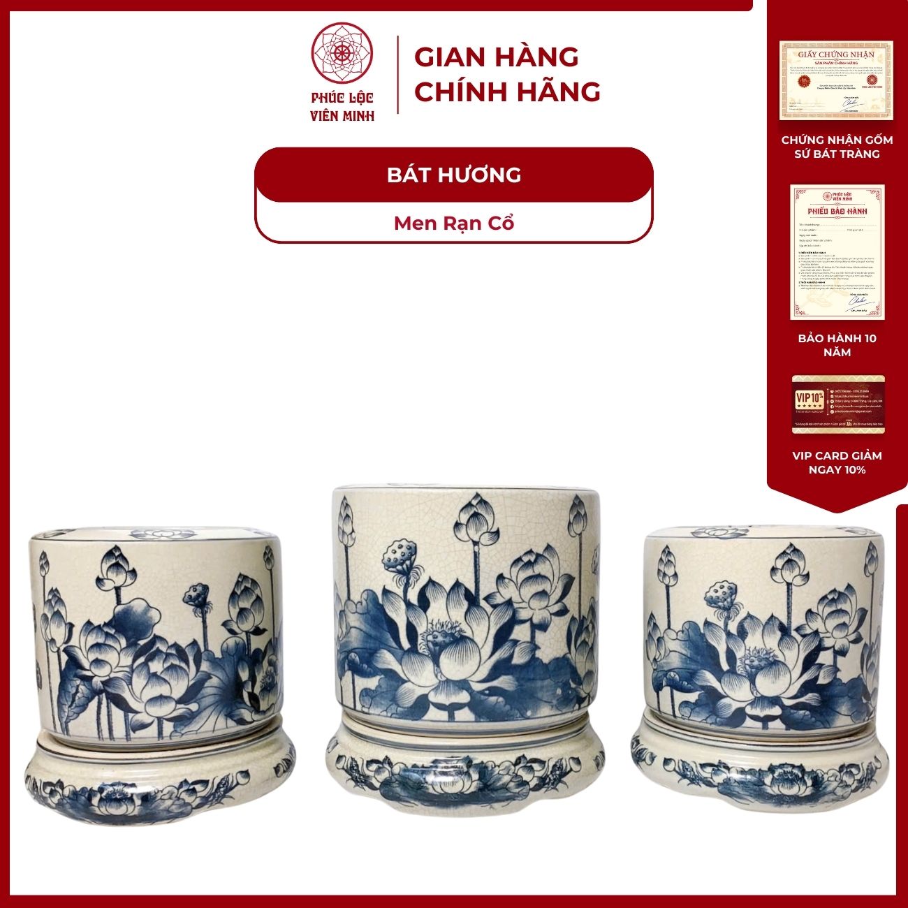 Bát Hương Men Rạn Cổ Gốm Sứ Bát Tràng - Gốm Sứ Phúc Lộc Viên Minh - PL100