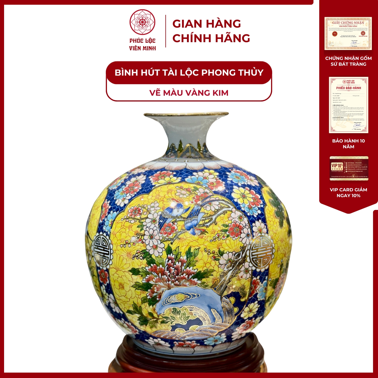 Bình Hút Lộc Tứ Cảnh Vẽ Màu Vàng Kim Gốm Sứ Bát Tràng - Phúc Lộc Viên Minh