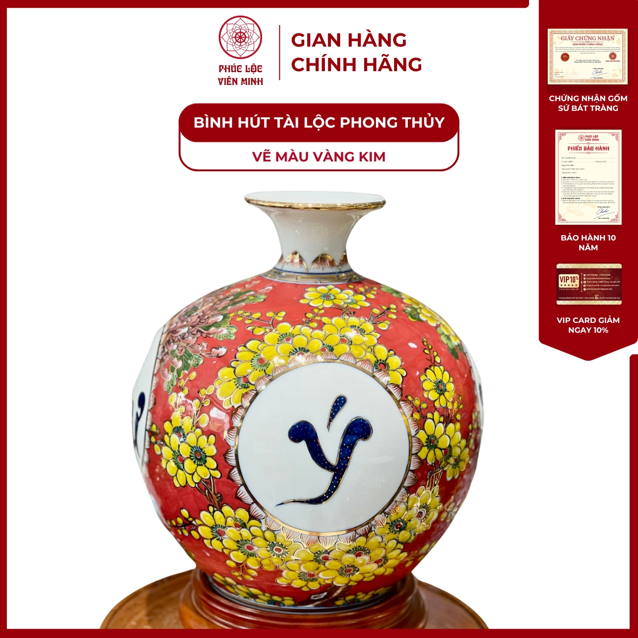 Bình Hút Lộc Tứ Cảnh Vẽ Màu Vàng Kim Gốm Sứ Bát Tràng - Phúc Lộc Viên Minh