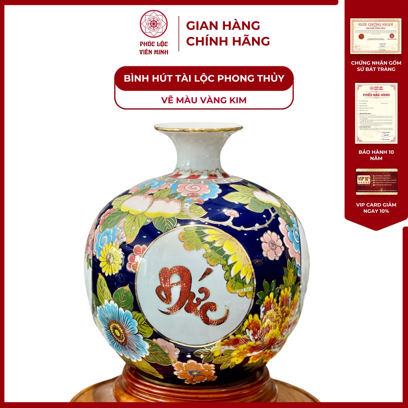 Bình Hút Lộc Tứ Cảnh Vẽ Màu Vàng Kim Gốm Sứ Bát Tràng - Phúc Lộc Viên Minh