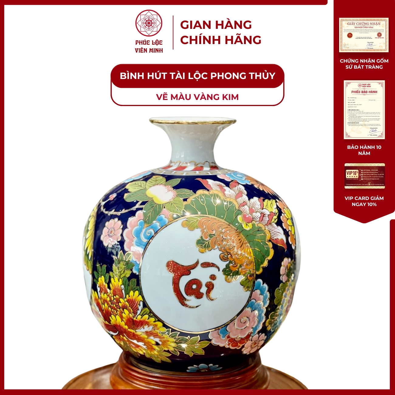 Bình Hút Lộc Tứ Cảnh Vẽ Màu Vàng Kim Gốm Sứ Bát Tràng - Phúc Lộc Viên Minh