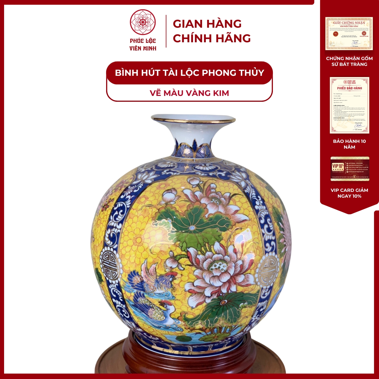 Bình Hút Lộc Tứ Cảnh Vẽ Màu Vàng Kim Gốm Sứ Bát Tràng - Phúc Lộc Viên Minh
