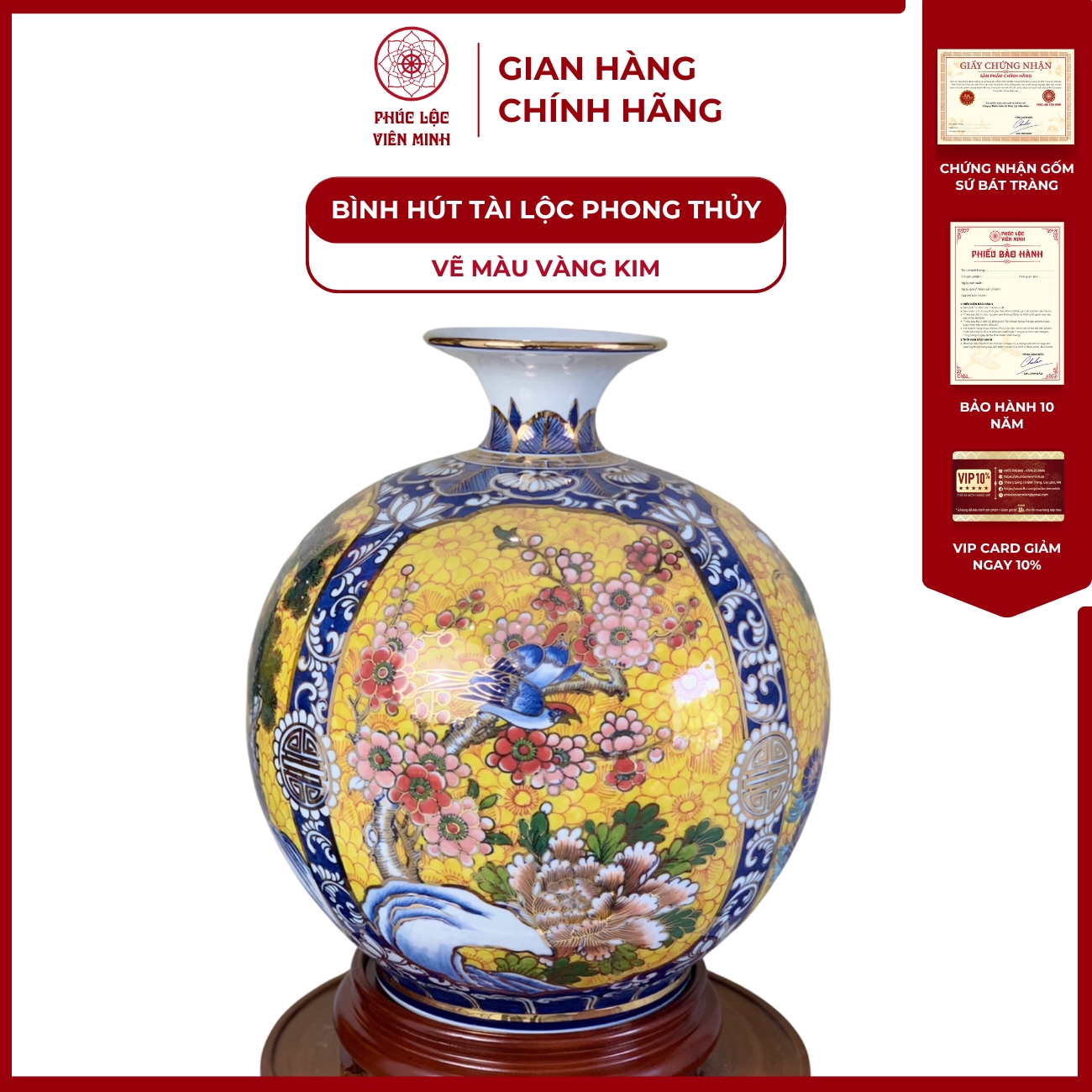 Bình Hút Lộc Tứ Cảnh Vẽ Màu Vàng Kim Gốm Sứ Bát Tràng - Phúc Lộc Viên Minh