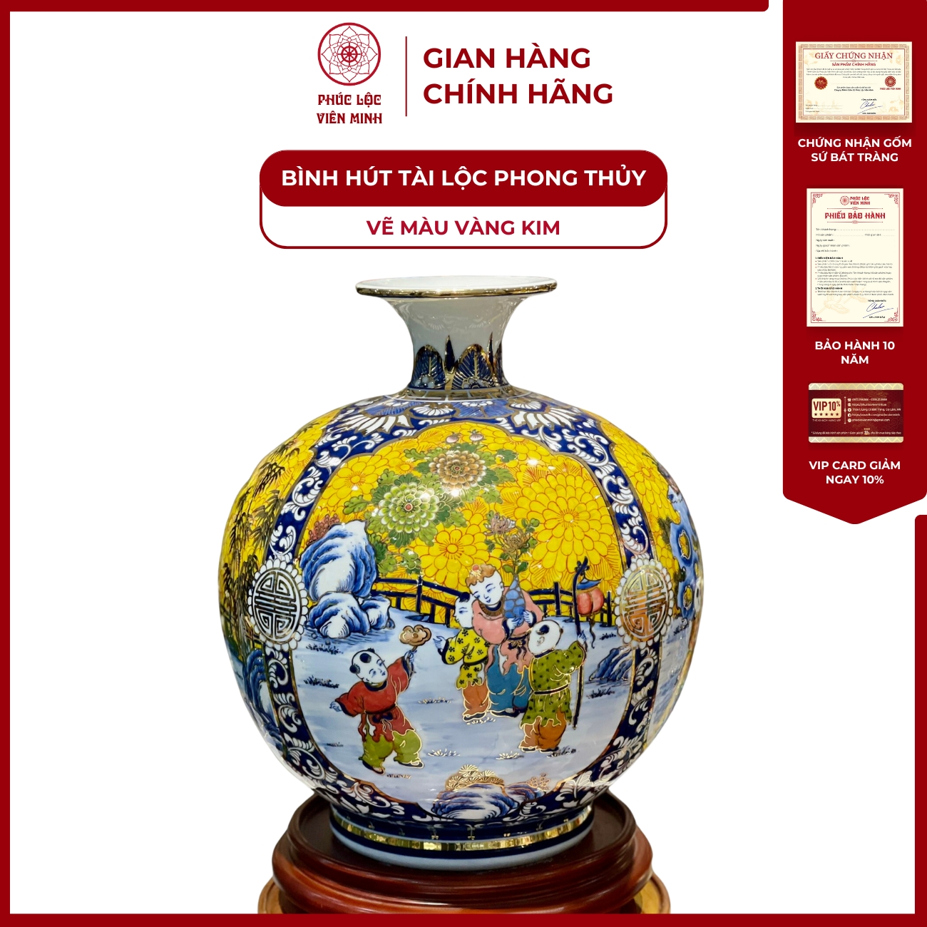 Bình Hút Lộc Tứ Cảnh Vẽ Màu Vàng Kim Gốm Sứ Bát Tràng - Phúc Lộc Viên Minh