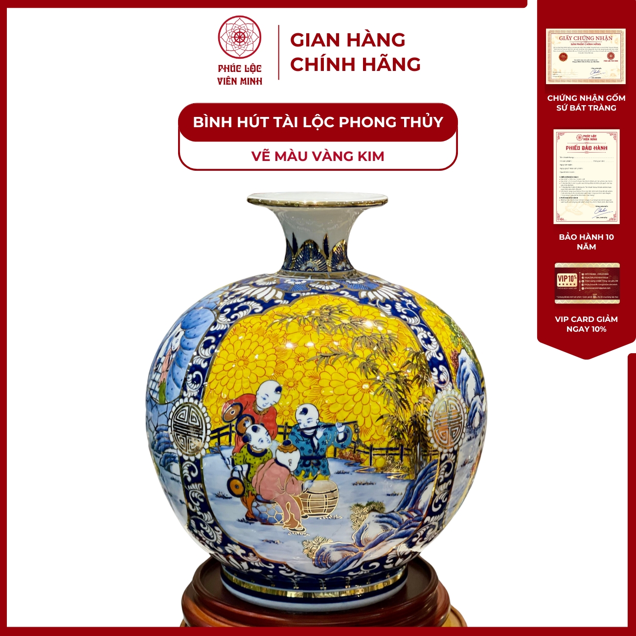 Bình Hút Lộc Tứ Cảnh Vẽ Màu Vàng Kim Gốm Sứ Bát Tràng - Phúc Lộc Viên Minh