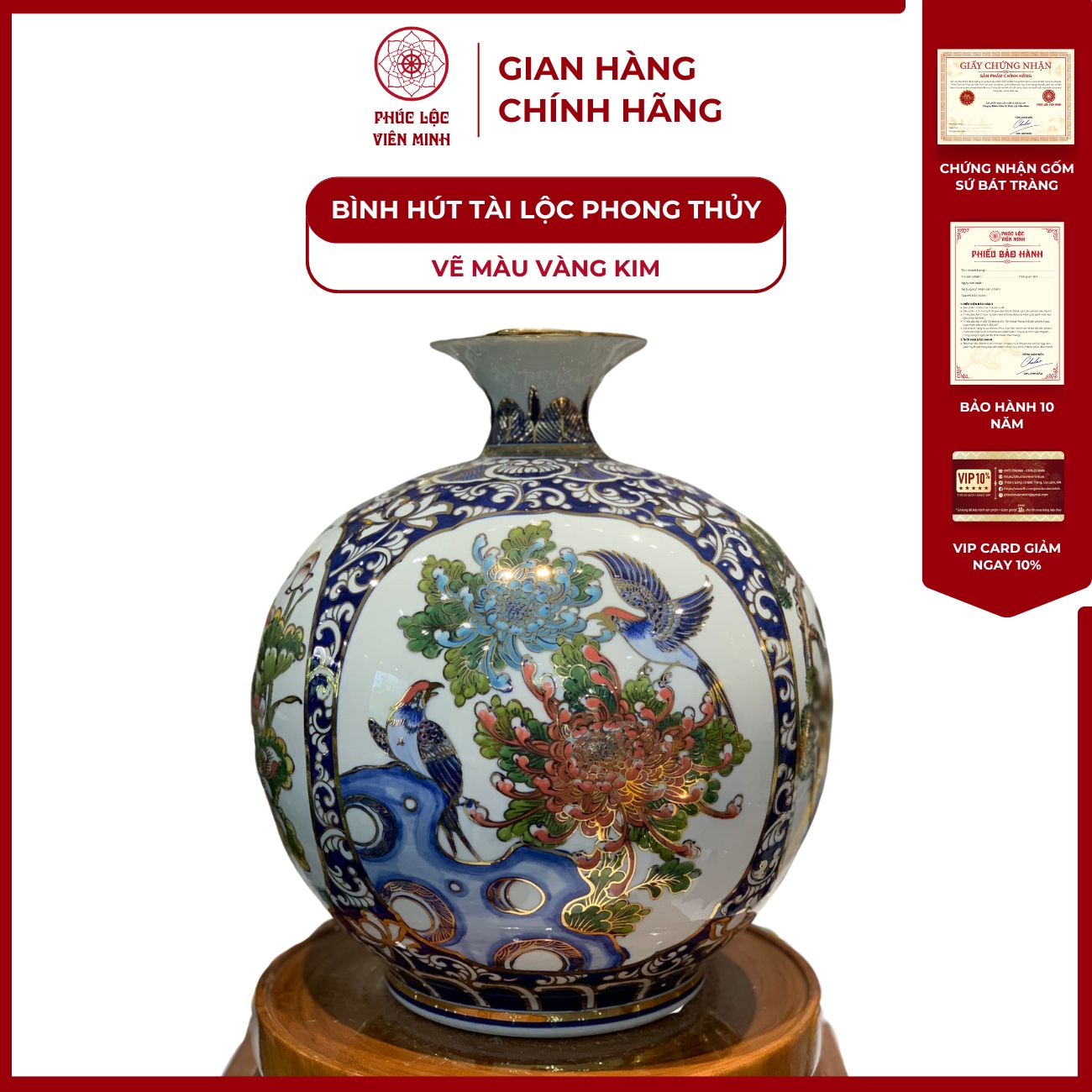 Bình Hút Lộc Tứ Cảnh Vẽ Màu Vàng Kim Gốm Sứ Bát Tràng - Phúc Lộc Viên Minh