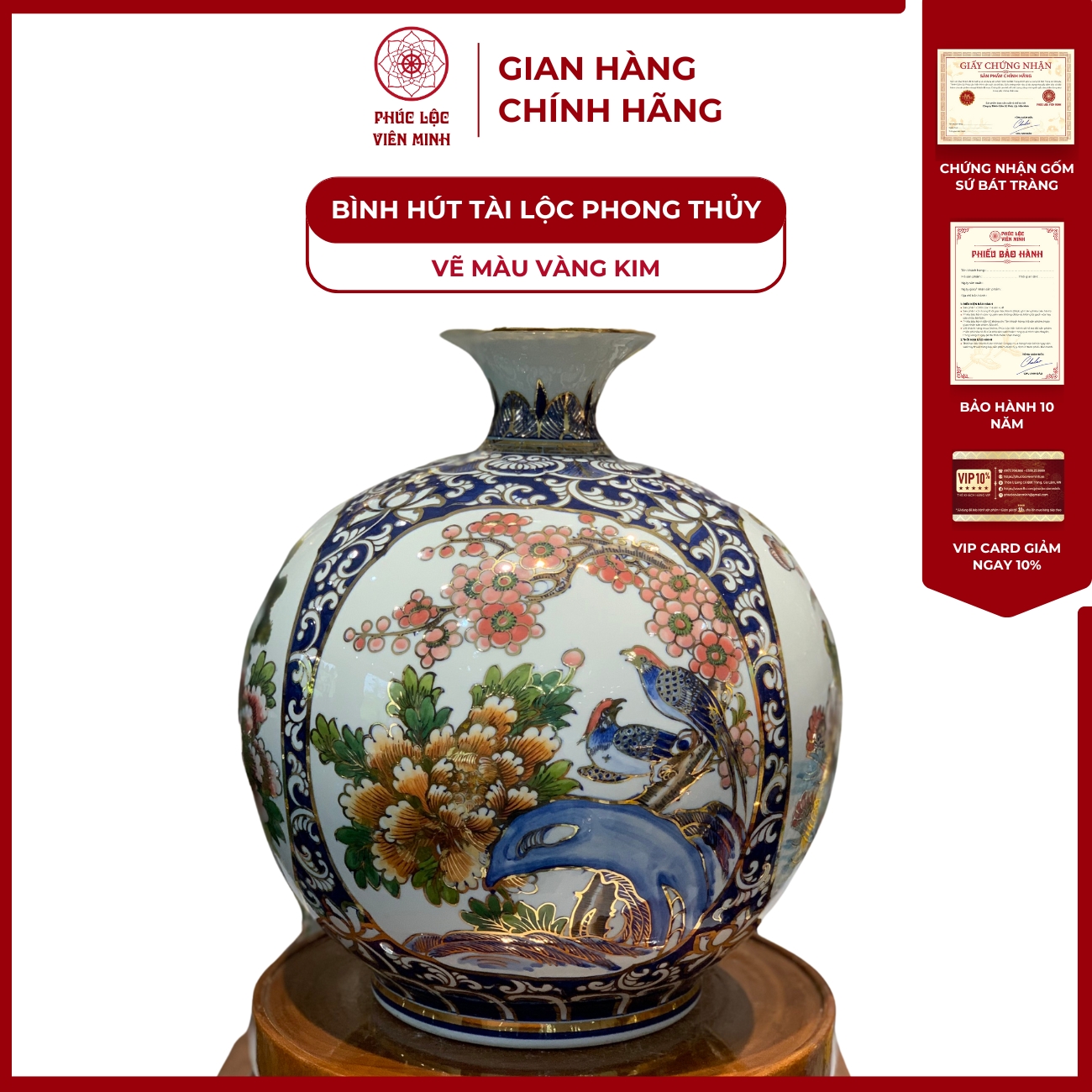 Bình Hút Lộc Tứ Cảnh Vẽ Màu Vàng Kim Gốm Sứ Bát Tràng - Phúc Lộc Viên Minh