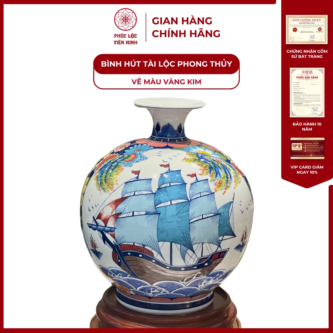 Bình Hút Lộc Nhị Cảnh Vẽ Màu Vàng Kim Gốm Sứ Bát Tràng - Phúc Lộc Viên Minh