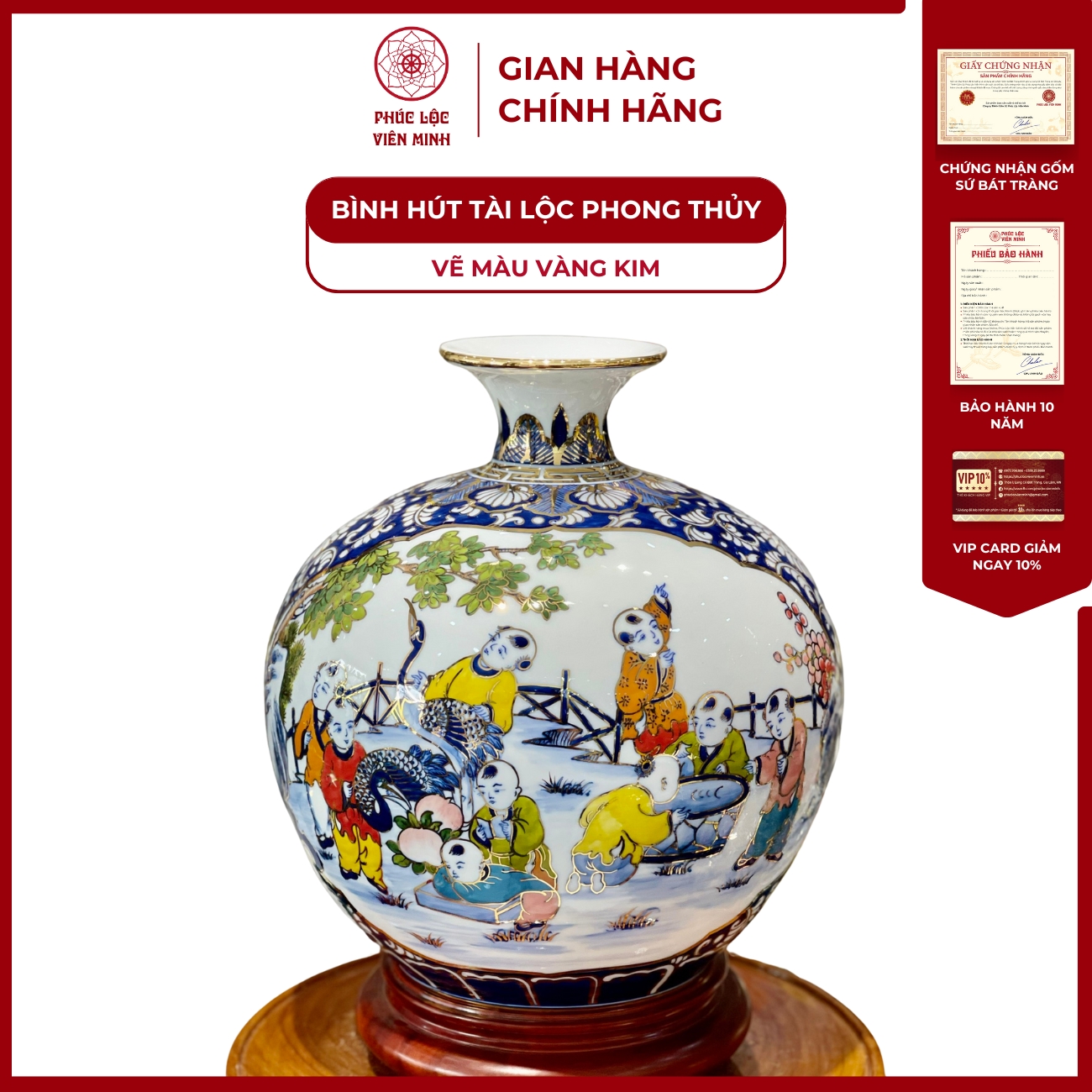 Bình Hút Lộc Nhị Cảnh Vẽ Màu Vàng Kim Gốm Sứ Bát Tràng - Phúc Lộc Viên Minh
