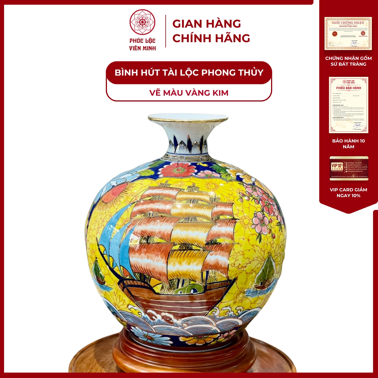 Bình Hút Lộc Nhị Cảnh Vẽ Màu Vàng Kim Gốm Sứ Bát Tràng - Phúc Lộc Viên Minh