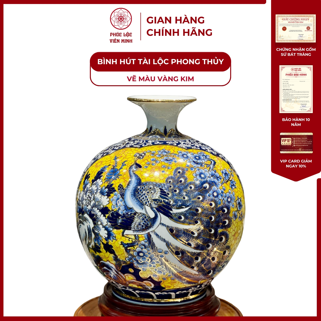 Bình Hút Lộc Nhị Cảnh Vẽ Màu Vàng Kim Gốm Sứ Bát Tràng - Phúc Lộc Viên Minh